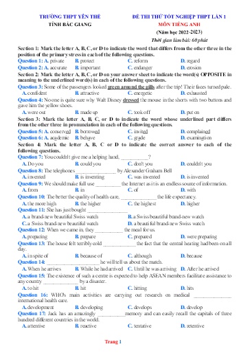 Đề thi thử TN THPT môn Tiếng Anh 12 (Lần 1) - Sở GD&ĐT Bắc Giang - Trường THPT Yên Thế - Năm học 2022-2023 (Có đáp án)