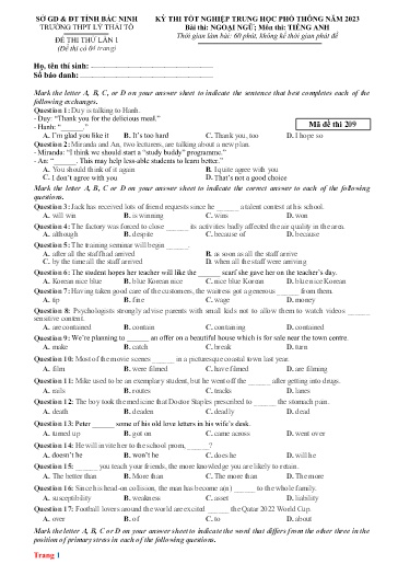 Đề thi thử TN THPT môn Tiếng Anh 12 (Lần 1) - Sở GD&ĐT Bắc Ninh - Trường THPT Lý Thái Tổ - Năm học 2022-2023 (Có đáp án)