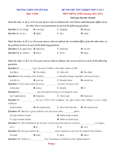 Đề thi thử TN THPT môn Tiếng Anh 12 (Lần 1) - Trường THPT Chuyên Đại học Vinh - Năm học 2021-2022 (Có đáp án)