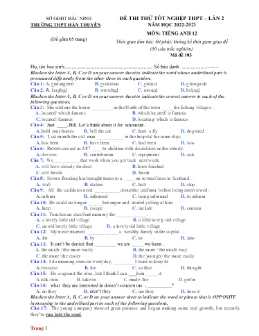 Đề thi thử TN THPT môn Tiếng Anh 12 (Lần 2) - Sở GD&ĐT Bắc Ninh - Trường THPT Hàn Thuyên - Năm học 2022-2023 (Có đáp án)