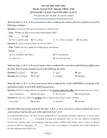 Đề thi thử TN THPT môn Tiếng Anh 12 (Lần 2) - Sở GD&ĐT Vĩnh Phúc - Năm học 2021-2022 (Có đáp án)