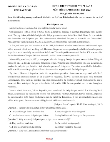 Đề thi thử TN THPT môn Tiếng Anh 12 (Lần 3) - Sở GD&ĐT Bắc Ninh - Năm học 2021-2022 (Có đáp án)