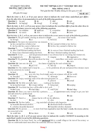 Đề thi thử TN THPT môn Tiếng Anh 12 (Lần 3) - Sở GD&ĐT Thái Bình - Trường THPT Chuyên Thái Bình - Năm học 2021-2022 (Có đáp án)
