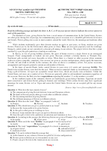 Đề thi thử TN THPT môn Tiếng Anh 12 - Sở GD&ĐT Thái Bình - Trường THPT Phụ Dực - Năm học 2021-2022 (Có đáp án)