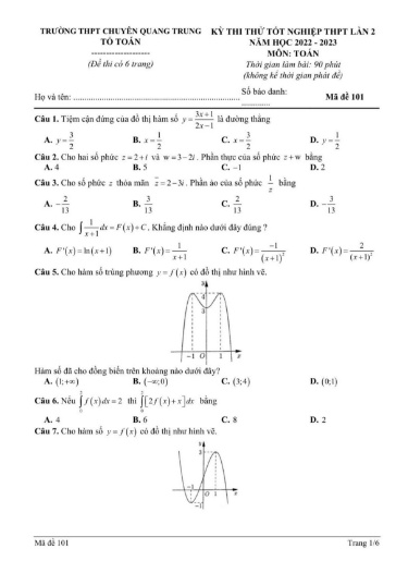 Đề thi thử TN THPT môn Toán 12 (Lần 2) - Trường THPT Chuyên Quang Trung - Năm học 2022-2023 (Có đáp án)