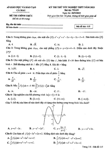 Đề thi thử TN THPT môn Toán 12 - Sở GD&ĐT Cà Mau - Năm học 2022-2023 (Có đáp án)