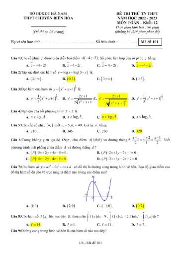 Đề thi thử TN THPT môn Toán 12 - Sở GD&ĐT Hà Nam - Trường THPT Chuyên Biên Hòa - Năm học 2022-2023 (Có đáp án)