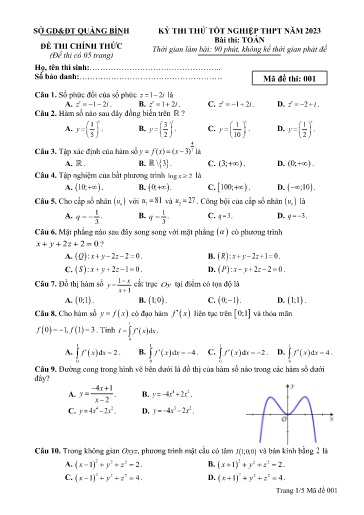 Đề thi thử TN THPT môn Toán 12 - Sở GD&ĐT Quảng Bình - Năm học 2022-2023 (Có đáp án)