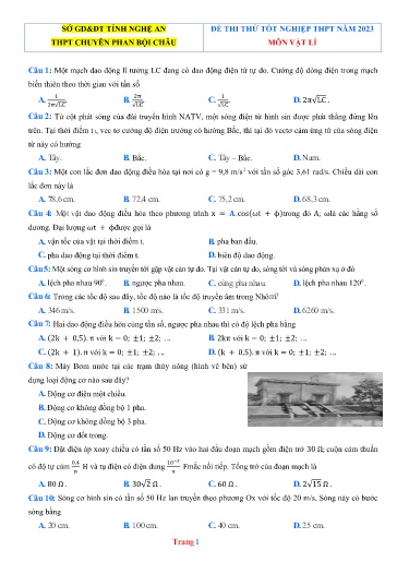 Đề thi thử TN THPT môn Vật lí 12 - Sở GD&ĐT Nghệ An - Trường THPT Chuyên Phan Bội Châu - Năm học 2022-2023