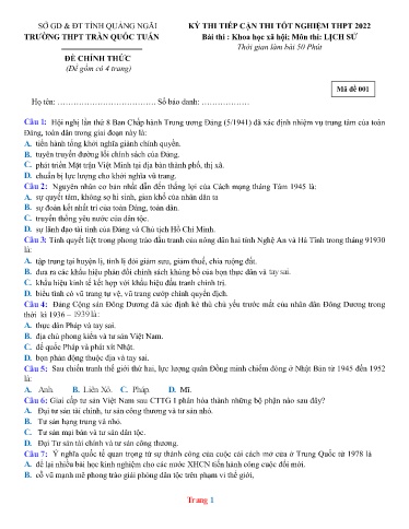 Đề thi tiếp cận thi TN THPT môn Lịch sử 12 (Lần 1) - Trường THPT Trần Quốc Tuấn - Sở GD&ĐT Quảng Ngãi - Năm học 2021-2022 (Có đáp án)
