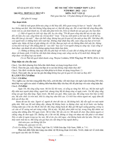 Đề thi TN THPT môn Ngữ Văn 12 (Lần 2) - Sở GD&ĐT Bắc Ninh - Trường THPT Hàn Thuyên - Năm học 2022-2023 (Kèm hướng dẫn chấm)