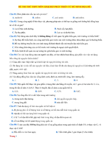 Đề thi TN THPT môn Sinh Học 12 - Năm học 2022-2023 (Đề 1 - Có đáp án)