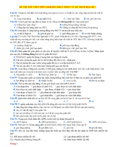 Đề thi TN THPT môn Sinh Học 12 - Năm học 2022-2023 (Đề 2 - Có đáp án)
