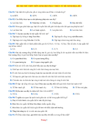 Đề thi TN THPT môn Sinh Học 12 - Năm học 2022-2023 (Đề 3 - Có đáp án)