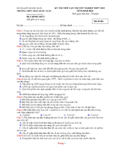Đề thi TN THPT môn Sinh Học 12 - Sở GD&ĐT Quảng Ngãi - Trường THPT Trần Quốc Tuấn - Năm học 2021-2022 (Có đáp án)