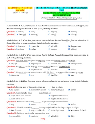 Đề thi TN THPT môn Tiếng Anh 12 (Lần 2) - Sở GD&ĐT Bạc Liêu - Năm học 2022-2023 (Có đáp án)