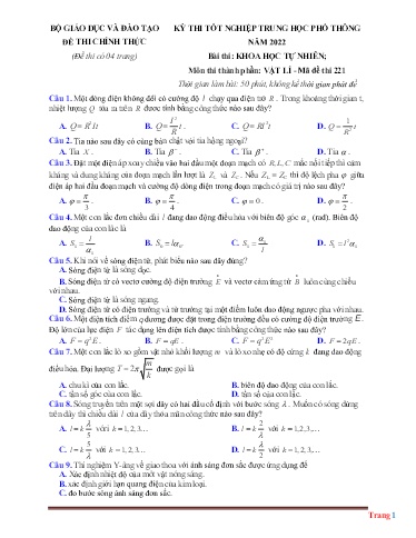 Đề thi TN THPT môn Vật lí 12 - Bộ GD&ĐT năm 2022