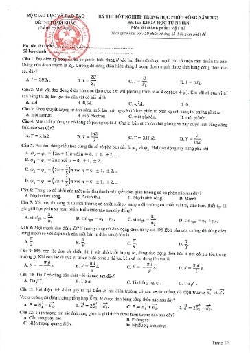 Đề thi TN THPT môn Vật lí 12 - Bộ GD&ĐT năm 2023 (Có đáp án)