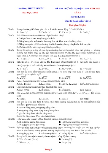 Đề thi TN THPT môn Vật lí 12 (Lần 2) - Trường THPT Chuyên Đại Học Vinh năm 2022