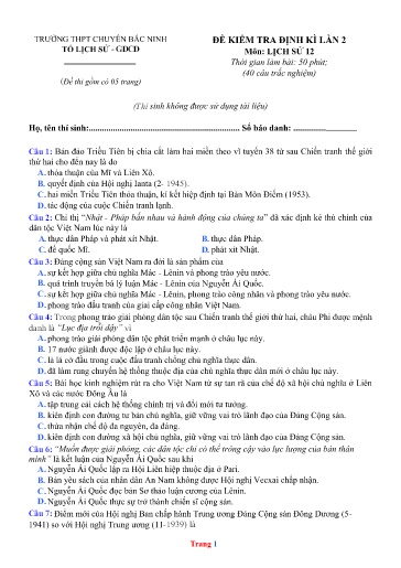 Đề thi TN THPT Quốc gia môn Lịch sử 12 (Lần 2) - Trường THPT Chuyên Bắc Ninh (Có đáp án)