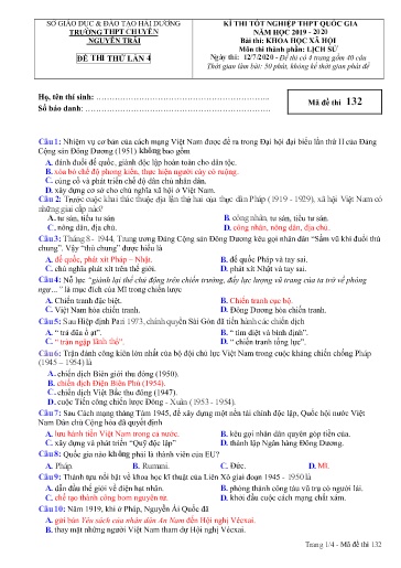 Đề thi TN THPT Quốc gia môn Lịch sử 12 - Trường THPT Chuyên Nguyễn Trãi - Sở GD&ĐT Hải Dương - Năm học 2019-2020 (Có đáp án)