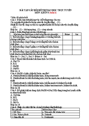 Hệ thống bài tập - Câu hỏi hỗ trợ dạy học trực tuyến môn KHTN 8 - Tuần 4