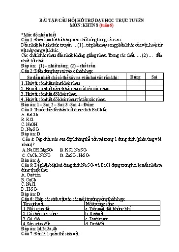 Hệ thống bài tập câu hỏi hỗ trợ dạy học trực tuyến môn KHTN 8 - Tuần 6
