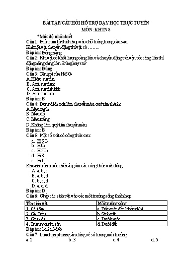 Hệ thống bài tập - Câu hỏi hỗ trợ dạy học trực tuyến môn KHTN 8
