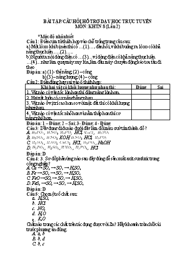 Hệ thống bài tập - Câu hỏi hỗ trợ dạy học trực tuyến môn KHTN 8 (Lần 2)