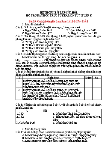 Hệ thống bài tập câu hỏi hỗ trợ dạy học trực tuyến môn Lịch sử 7 - Tuần 5, Bài 29: Cuộc khởi nghĩa Lam Sơn (1418-1427) – Tiết 1