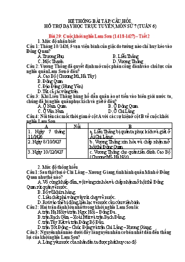 Hệ thống bài tập câu hỏi hỗ trợ dạy học trực tuyến môn Lịch sử 7 - Tuần 6, Bài 29: Cuộc khởi nghĩa Lam Sơn (1418-1427) – Tiết 2