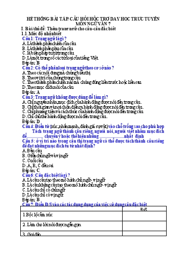 Hệ thống bài tập câu hỏi hỗ trợ dạy học trực tuyến môn Ngữ Văn 7 (Tuần 4)