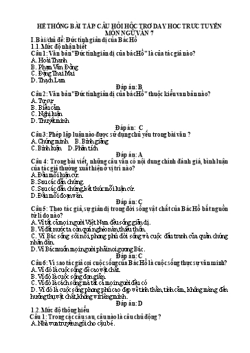Hệ thống bài tập câu hỏi hỗ trợ dạy học trực tuyến môn Ngữ Văn Lớp 7