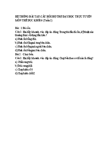 Hệ thống bài tập - Câu hỏi hỗ trợ dạy học trực tuyến môn Thể Dục THCS - Tuần 2