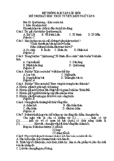 Hệ thống bài tập - Câu hỏi hỗ trợ dạy học trực tuyến THCS môn Ngữ Văn 8 - Bài 18: Quê hương - Khi con tu hú