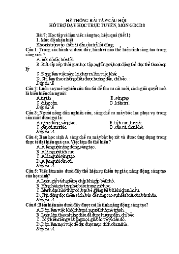 Hệ thống bài tập - Câu hỏi hỗ trợ dạy học trực tuyến THCS môn GDCD 8 - Bài 7: Học tập và làm việc sáng tạo, hiệu quả (Tiết 1)