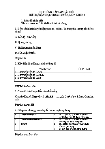Hệ thống bài tập - Câu hỏi hỗ trợ dạy học trực tuyến THCS môn KHTN 6