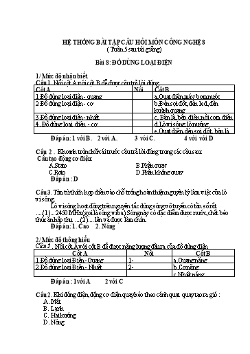 Hệ thống bài tập câu hỏi môn Công Nghệ 8 - Tuần 5, Bài 8: Đồ dùng loại điện