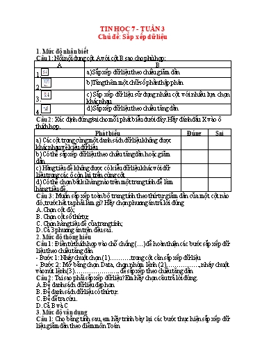 Hệ thống bài tập câu hỏi môn Tin học 7 - Tuần 3, Chủ đề: Sắp xếp dữ liệu