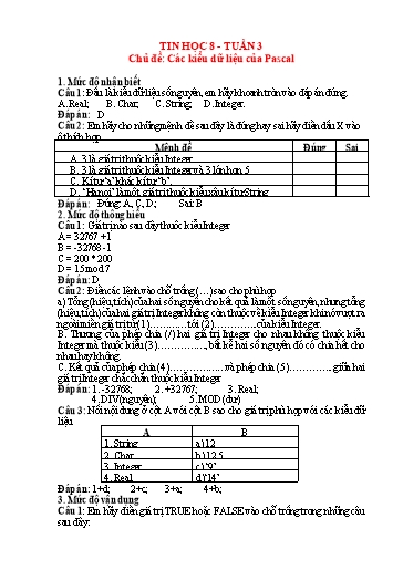 Hệ thống bài tập câu hỏi môn Tin học 8 - Tuần 3, Chủ đề: Các kiểu dữ liệu của Pascal