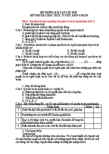 Hệ thống bài tập câu hỏi ôn tập hỗ trợ dạy học trực tuyến môn GDCD 8 - Bài 9: Quyền tự do tín ngưỡng, tôn giáo và tự do ngôn luận