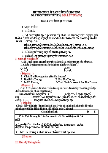 Hệ thống bài tập câu hỏi ôn tập hỗ trợ dạy học trực tuyến môn Địa lí 7 - Tuần 6, Bài 24: Châu Đại Dương