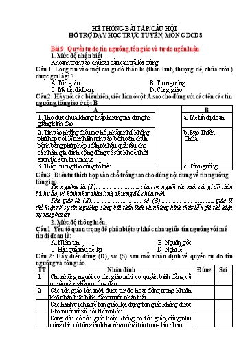 Hệ thống bài tập câu hỏi ôn tập hỗ trợ dạy học trực tuyến môn GDCD Lớp 8 - Bài 9: Quyền tự do tín ngưỡng, tôn giáo và tự do ngôn luận