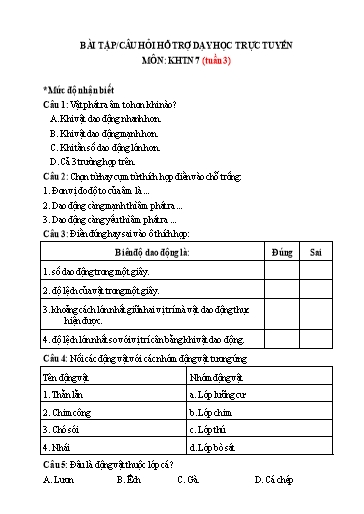 Hệ thống bài tập câu hỏi ôn tập hỗ trợ dạy học trực tuyến môn KHTN 7 - Tuần 3