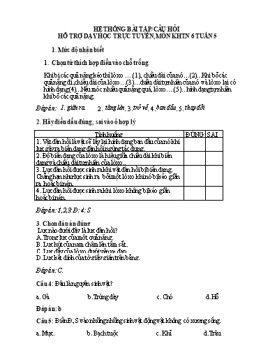 Hệ thống bài tập câu hỏi ôn tập hỗ trợ dạy học trực tuyến môn KHTN 6 - Tuần 5