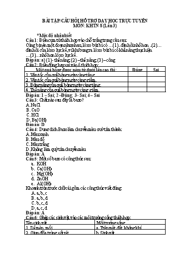 Hệ thống bài tập câu hỏi ôn tập hỗ trợ dạy học trực tuyến môn KHTN 8 (Lần 3)