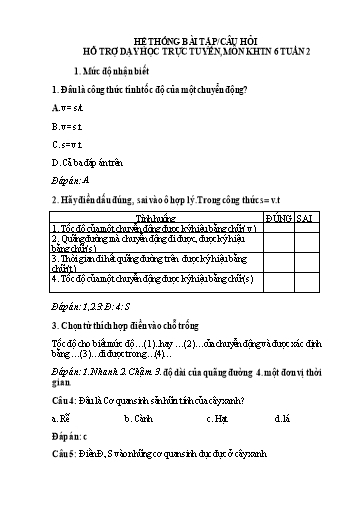 Hệ thống bài tập câu hỏi ôn tập hỗ trợ dạy học trực tuyến môn KHTN 6 - Tuần 2