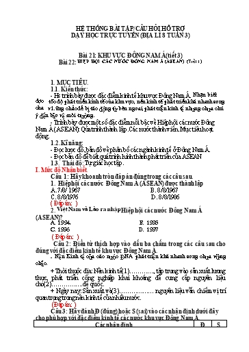 Hệ thống bài tập câu hỏi ôn tập hỗ trợ dạy học trực tuyến môn Địa lí 8 - Tuần 3, Bài 21+22: Khu vực Đông Nam Á. Hiệp hội các nước Đông Nam Á
