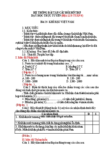 Hệ thống bài tập câu hỏi ôn tập hỗ trợ dạy học trực tuyến môn Địa lí 8 - Tuần 6, Bài 25: Khí hậu Việt Nam