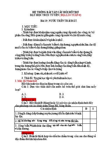 Hệ thống bài tập câu hỏi ôn tập hỗ trợ dạy học trực tuyến môn Địa lí 6 - Tuần 6, Bài 19: Nước trên Trái Đất